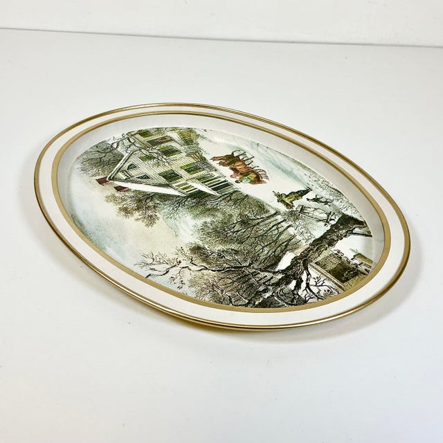 Mid-Century Americana Farmhouse Currier & Ives Metal Tray - The American Homestead, Winter For Sale - Image 10 of 14