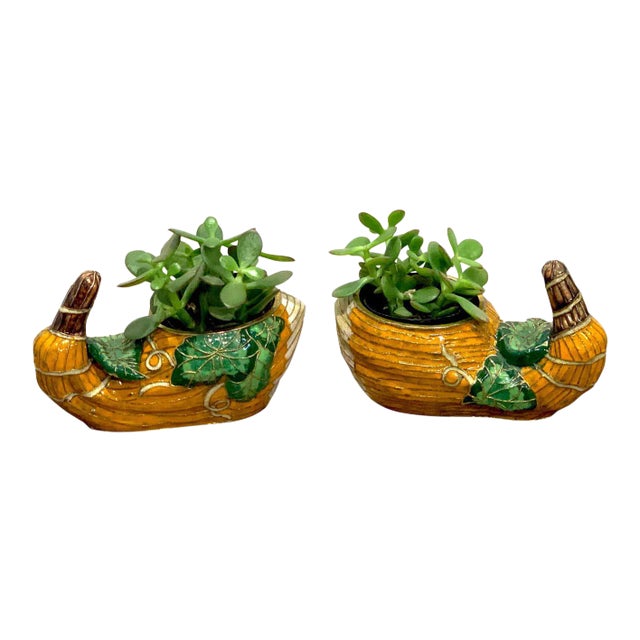 Mid 20th Century Chinese Export Enamel Gourd Cachepots - a Pair For Sale