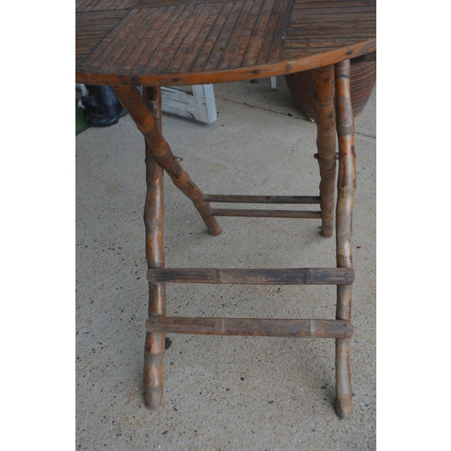 1960s 1960s Vintage Rustic Burnt Bamboo Round Folding Occasional / Patio or Game / Tea Table For Sale - Image 5 of 15