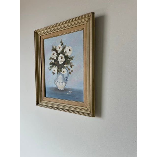 Abstract Vintage J. Melvin Still Life of White Roses in a Vase Oil Painting, Framed For Sale - Image 3 of 12