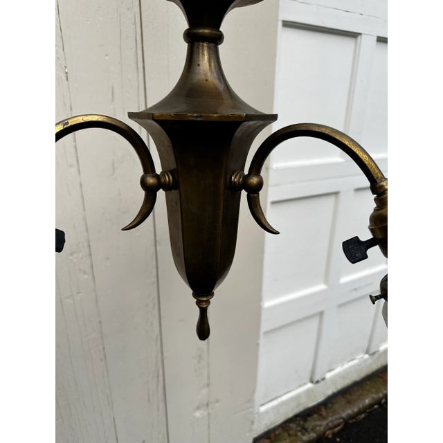 Vintage Three Arm Brass Fixture With Three Etched L Glass Shades For Sale - Image 4 of 9