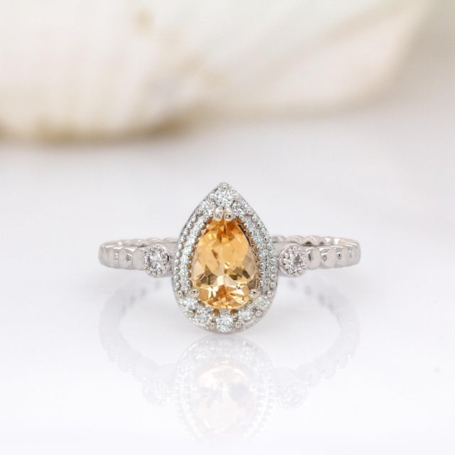 Contemporary Brazilian Imperial Topaz Ring With Natural Diamond Halo in 14k Solid White Gold For Sale - Image 3 of 7