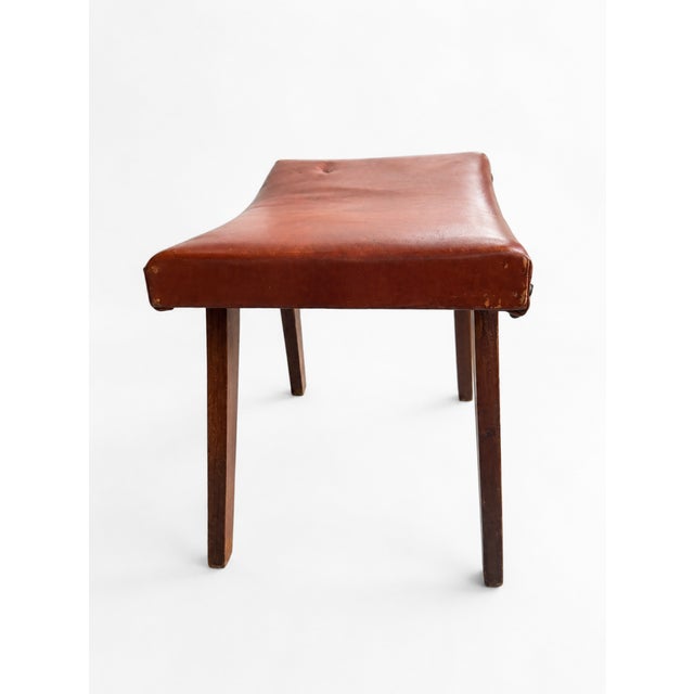 Mid-Century Modern Brutalist Cognac Leather Ottoman, 1960s For Sale - Image 4 of 8