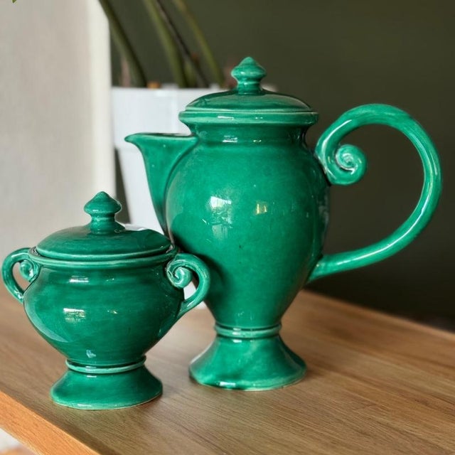A 1950s-60s teapot and sugar bowl set, made in vallauris, france. Elegant, curved lines, typical of post-war vallauris...