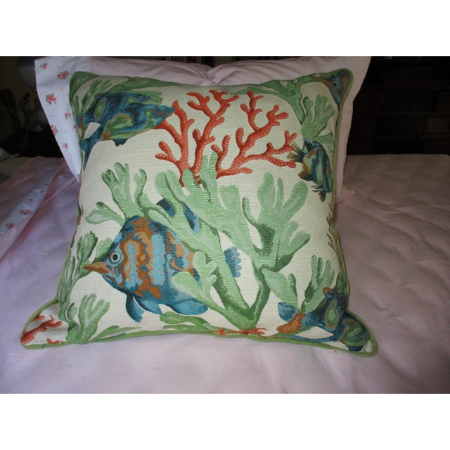 This is a Beautiful! Large Vintage Coastal Throw Pillow with Colorful Rainbow Fish & Coral Design filled Very Full with...