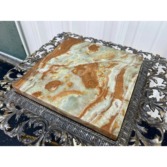 Antique Two-Tier Art Nouveau Brass and Onyx Planter Stand With Gallery For Sale - Image 9 of 12