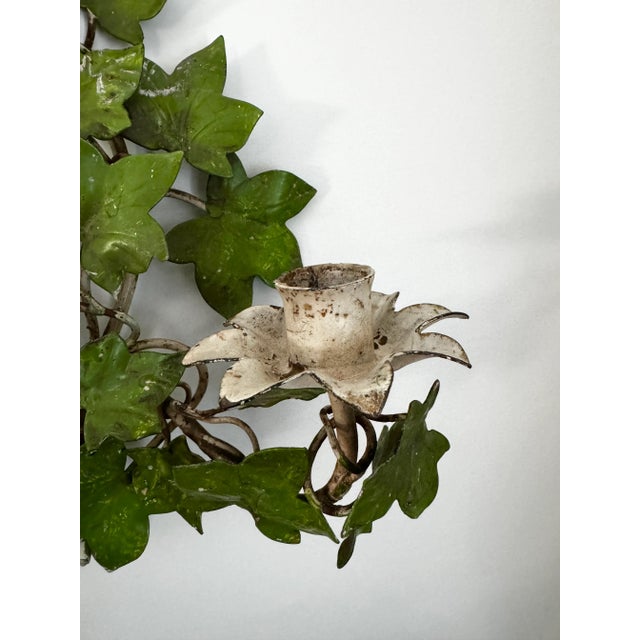 Pair of Vintage Italian Tole Painted Green Botanical Ivy Leaf Wall Candle Sconces For Sale - Image 4 of 10