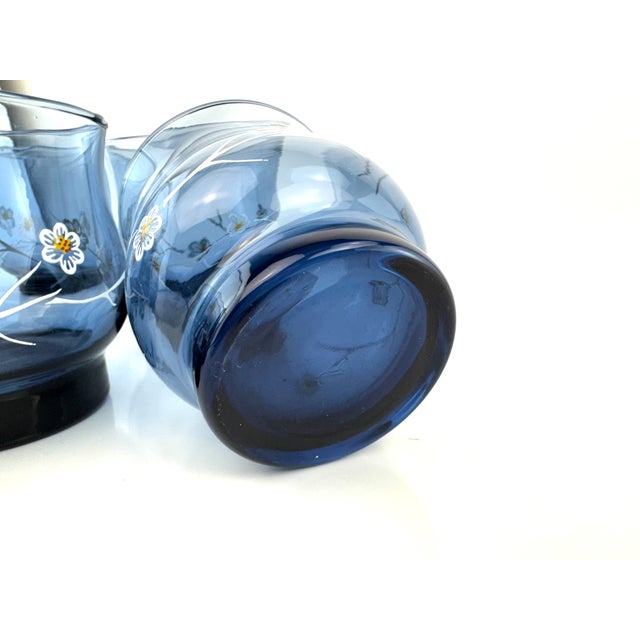 Vintage Organic Modern Blue Glass Floral Tumblers Hand Painted Cocktail Glasses - Set of 8 For Sale - Image 11 of 11