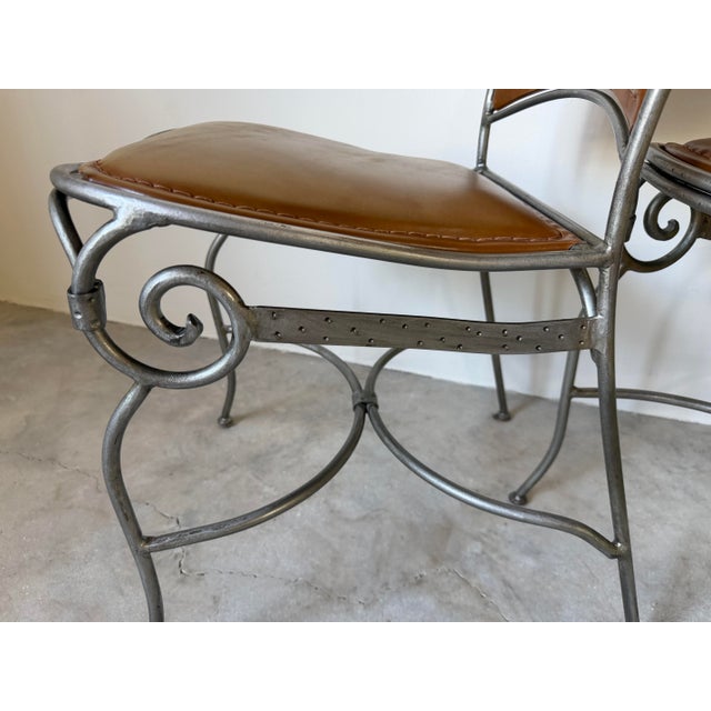 Palma Brava Wrought Iron & Brown Leather Dining Chairs – Set of 4 For Sale - Image 11 of 13