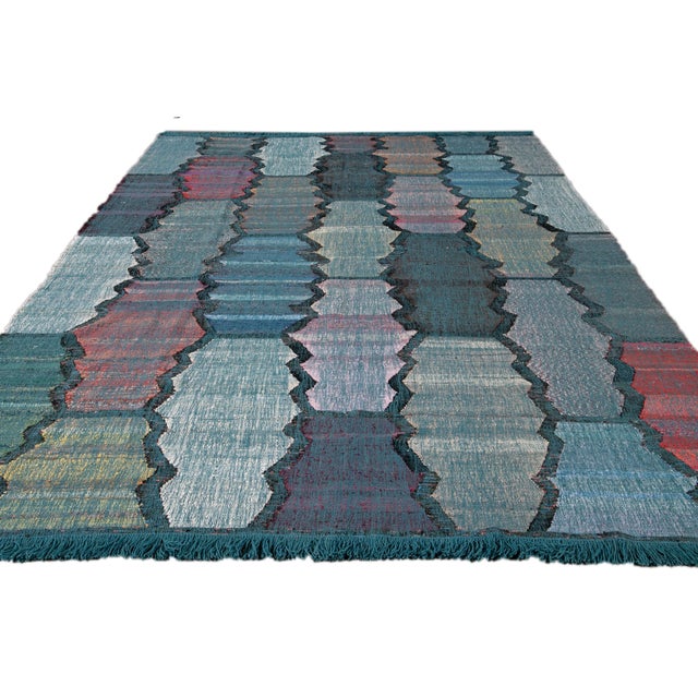 Contemporary Multi-Color Kilim Handmade Geometric Wool Rug For Sale In New York - Image 6 of 9