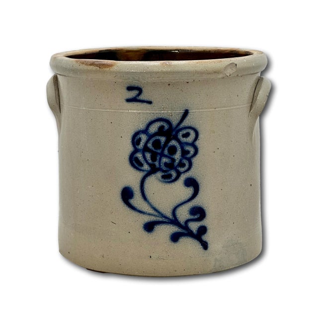 Mid 19th Century Antique American 2 Gallon Stoneware Storage Crock With Beautiful Hand Decorated Blue Flower Design Circa Mid 1800s For Sale - Image 5 of 18