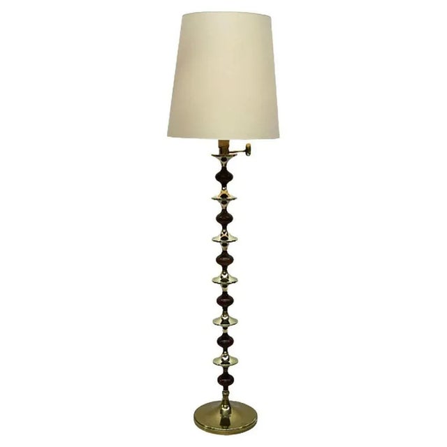 Brown Mid-Century Floor Lamp with Wood and Brass Stem For Sale - Image 8 of 8