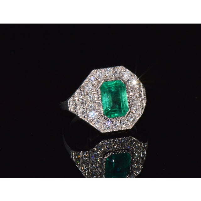 Gia Certified 3.98ct Natural Zambian Emerald & Diamond Tiered Halo Milgrain 18k White Gold Ring, Size 6.5 For Sale - Image 4 of 16