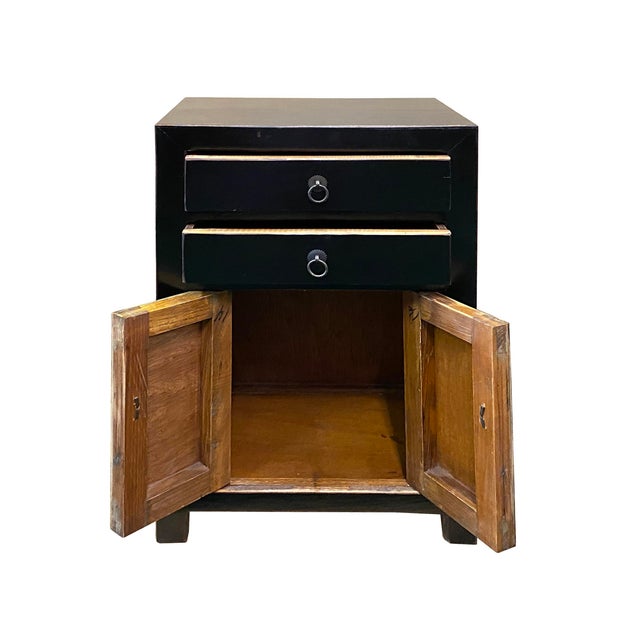 Distressed Semi Gloss Black Lacquer Two Drawers End Table Nightstand