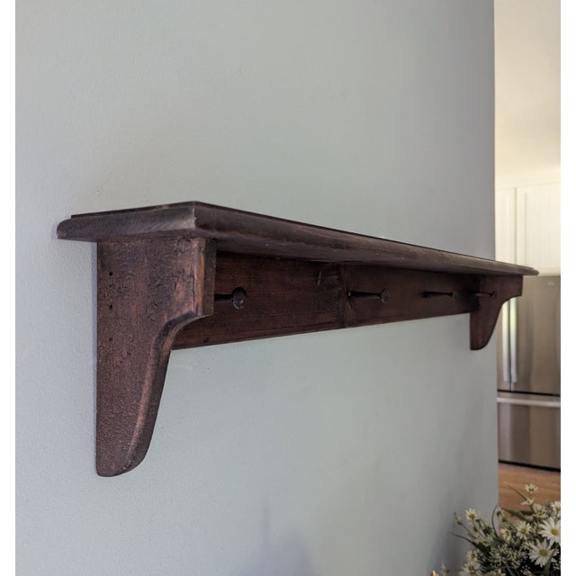 Vintage Farmhouse Cottage Wooden Wall Shelf With Peg Hooks For Sale - Image 4 of 11