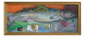 Arturs Nikitins, Still Life with Fish, 1996, Oil on Cardboard