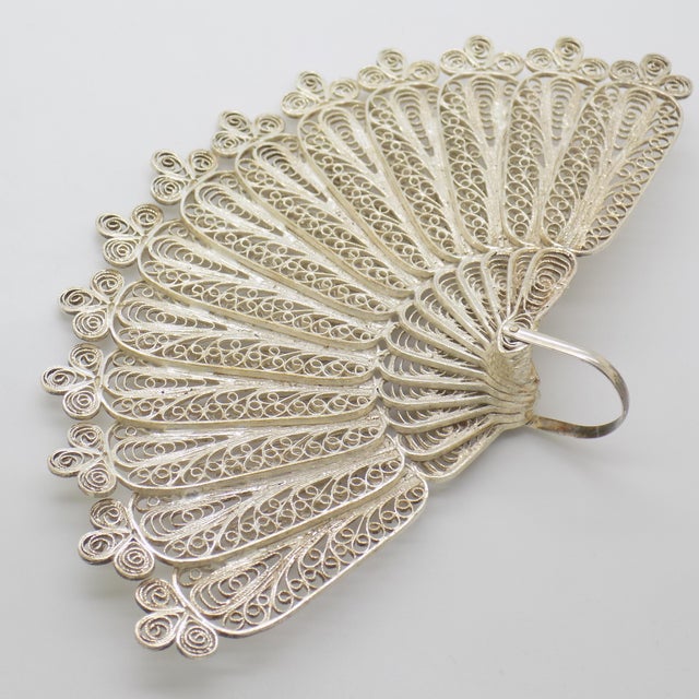 Italian Vintage Italian Handmade Genuine Silver Large & Rare Filigree Fan Figurine Sculpture For Sale - Image 3 of 9