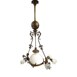 Antique Brass and Glass 7-Light Chandelier from H. Luppens Bruxelles, 1920s For Sale