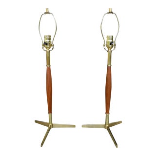 1950s Modern Walnut and Brass Table Lamps by Gerald Thurston - a Pair For Sale