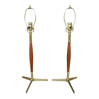 1950s Modern Walnut and Brass Table Lamps by Gerald Thurston - a Pair For Sale