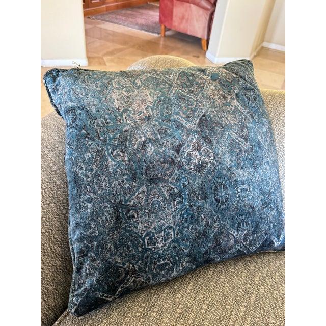 Vintage Reproduction Camelback Newly Upholstered Sofa With Coordinating Custom Blue Velvet Accent Pillows For Sale - Image 10 of 12