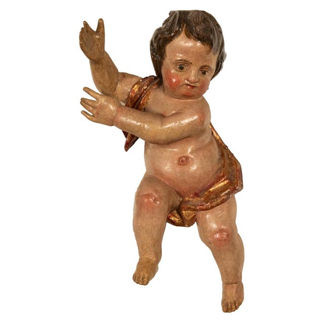 Pair Antique 18thC Italian Baroque Carved Polychrome Putti Angels Statues 1700 For Sale In Portland, OR - Image 6 of 13