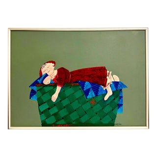 Harry Dunn, Whimsical Harry Dunn Painting Sleeping Girl Mid Century Americana Folk Art For Sale