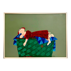 Harry Dunn, Whimsical Harry Dunn Painting Sleeping Girl Mid Century Americana Folk Art