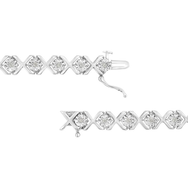 Early 21st Century .925 Sterling Silver 1/4 Cttw Miracle-Set Round Cut Diamond "X" Link Bracelet - Size 7.25" For Sale - Image 5 of 7