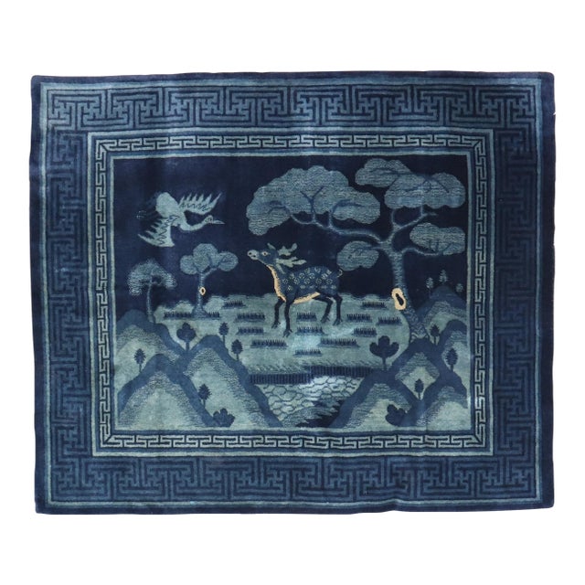 Zabihi Collection Chinese Blue Deer Bird Pictorial Landscape Rug For Sale
