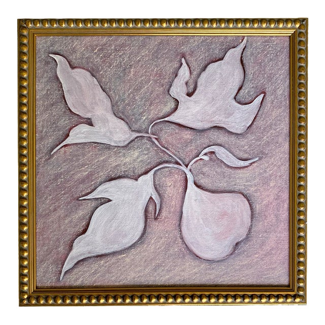 Original Botanical Leaf Painting in Gold Beaded Frame, Acrylic & Oil on Canvas, 13" X 13" by Tatiana Duperault For Sale