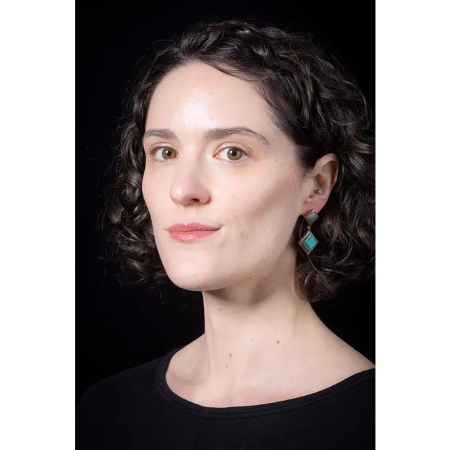 1990s Pair of Diamond and Turquoise Drop Earrings For Sale - Image 4 of 4