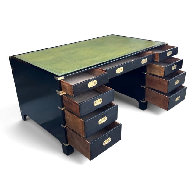 Wood Antique British Campaign Style Executive Desk With Green Leather Writing Top For Sale - Image 7 of 15