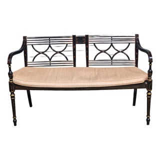 Late 20th Century Baker Historic Charleston Bench Settee Black Finish Gold Accents For Sale