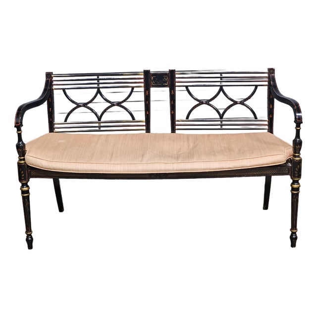 Late 20th Century Baker Historic Charleston Bench Settee Black Finish Gold Accents For Sale