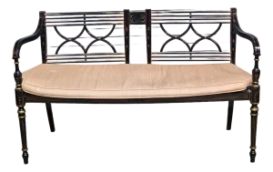 Late 20th Century Baker Historic Charleston Bench Settee Black Finish Gold Accents