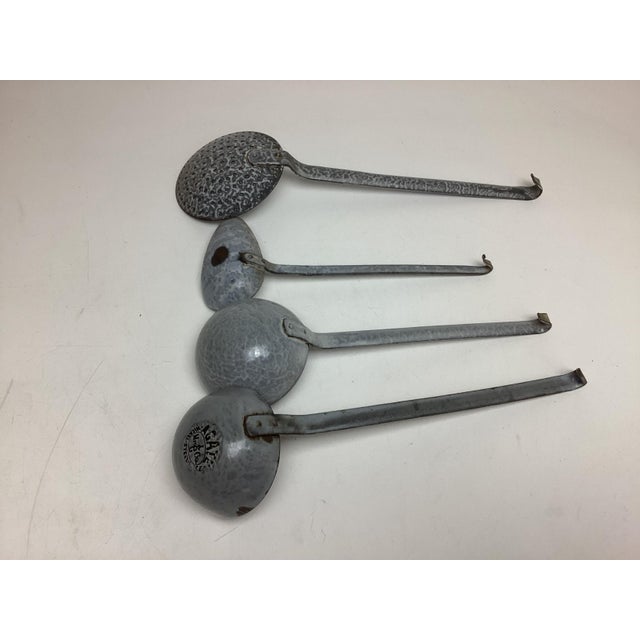 Paint Vintage Gray Enamelware Graniteware Utensil Rack Holder With 4 Gray Utensils For Sale - Image 7 of 8