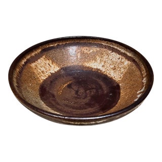 Mid-Century Modern Pottery Bowl, Brown, Signed, 10.25" Diameter, 1970s For Sale