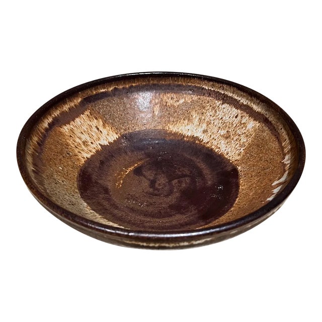 Mid-Century Modern Pottery Bowl, Brown, Signed, 10.25" Diameter, 1970s For Sale
