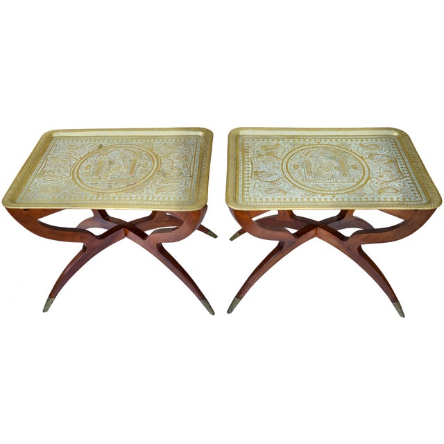 Stunning and timeless set of two matching antique Persian tray-top tables. Exquisitely handcrafted of solid and extremely...