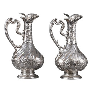 Silver and Crystal Ewers by Master Silversmith Labat Pugibet Henin, 1880, Set of 2 For Sale