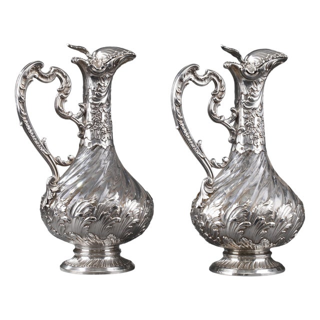 Silver and Crystal Ewers by Master Silversmith Labat Pugibet Henin, 1880, Set of 2 For Sale