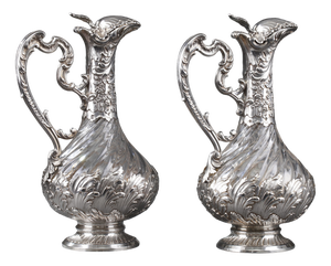 Silver and Crystal Ewers by Master Silversmith Labat Pugibet Henin, 1880, Set of 2