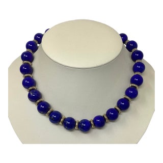 Late 20th Century Lapis Necklace With Gold Plated Toggle and Fluted Rondele Beads For Sale