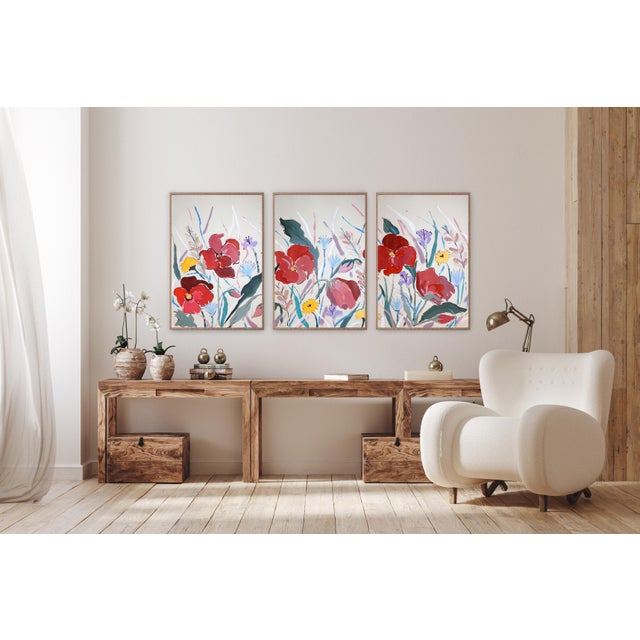 Paper 2026, Illustration Style Painting Triptych of Poopies and Wildflowers, Acrylic Paint on Watercolor Paper by Romina Milano For Sale - Image 7 of 11