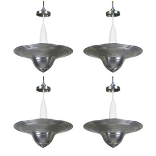 Award Winning Modern Museum 1950s Set of 4 Machine Age Aluminum Pendant Lights by Westinghouse For Sale