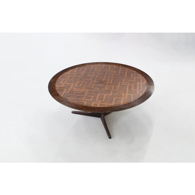 Vintage brutalist copper and wood round coffee table 1970s Vintage wood and copper round coffee table with a brutalist...