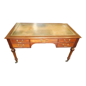 19th Century Antique Five-Drawer Gilt Embossed Leather Top Writing Desk