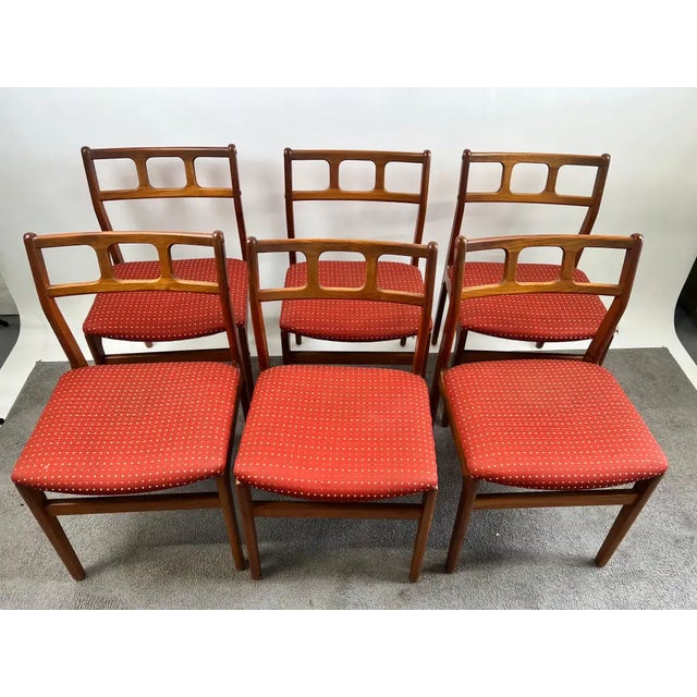 Danish Mid-Century Modern Teak Dining Chairs w Rust Red Dotted Upholstery, Set of 6 This handsome set of six Danish mid-...