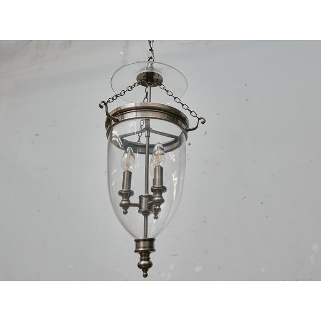 English Midcentury Nickel Bell Lantern With Glass Dome and Three Lights For Sale - Image 4 of 16